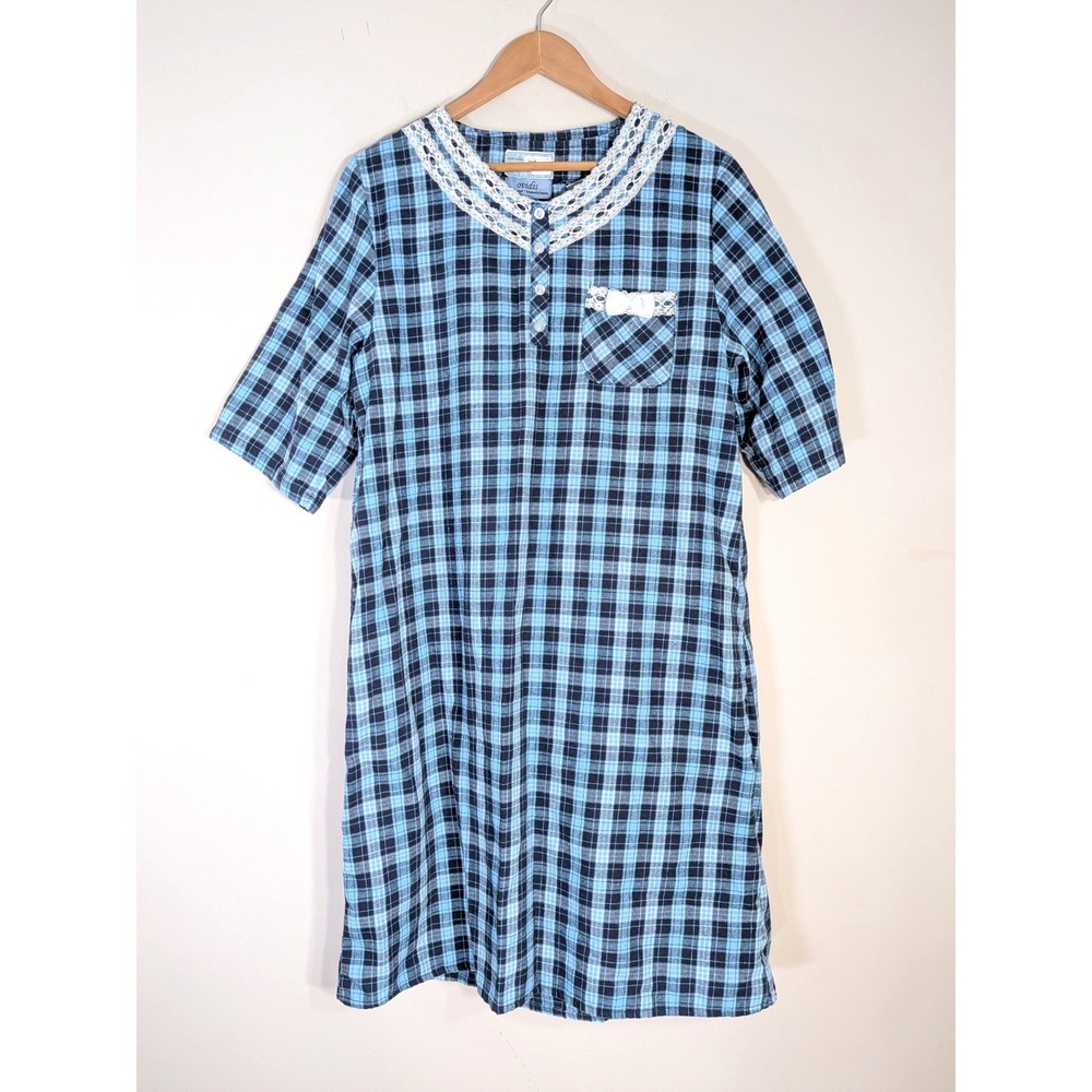 Ovidis Blue Plaid Adaptive Nightgown; Lace Trim, Snap Back